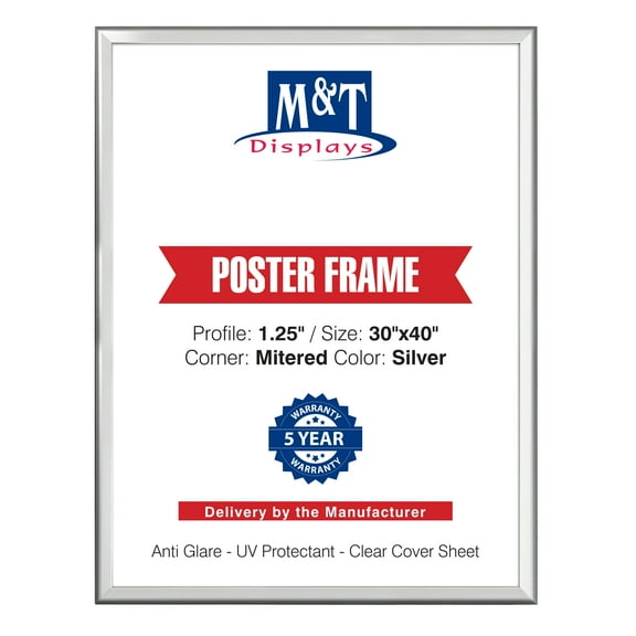 M&T Displays Snap Poster Frame 30x40 Inch Silver 1.25" Aluminum Profile Front Loading Wall Mounting Picture Photo Document Certificate Sign Holder Mitered Corner Anti Glare Cover