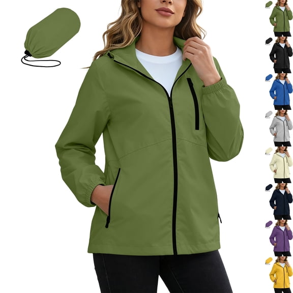 Women's Hooded Windbreaker Jacket Packable Lightweight Long Sleeve Water Resistant Outdoor Soft Shell Full Zip for Camping Daily Wear, Army Green, L