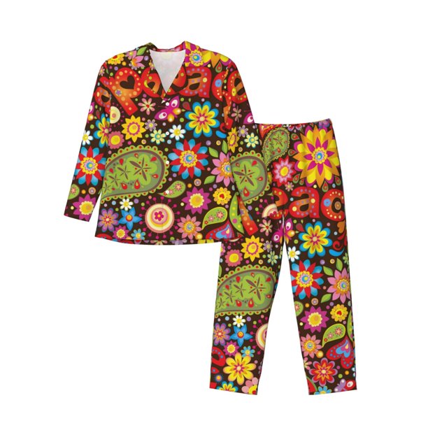 Balery Hippie Peace Love Pijama para Hombre de Dos Piezas con Manga Larga, Conjunto de Dormir y Descanso Suave con Bolsillos-Large