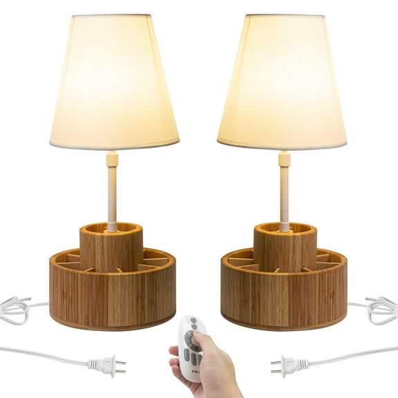 Kiven Desk Organizer Table Lamp with 5.9ft Plug-in Cord and Remote Control, Modern Table Lamp with Wood Organizer for Bedroom Living Room Office, Set of 2