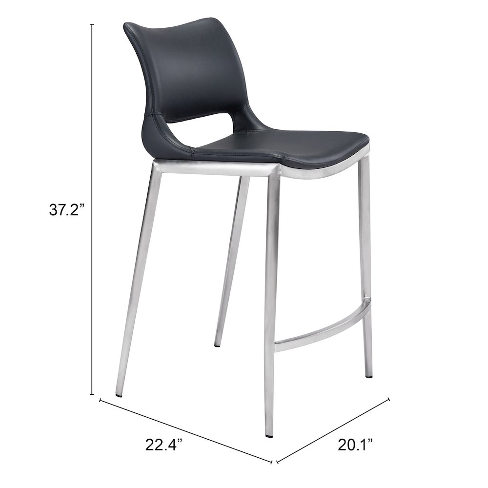 Ace Counter Stool Black & Silver Counter Stool, Modern Style, Plush and durable faux leather fabric, Stainless Steel, Indoor Bar