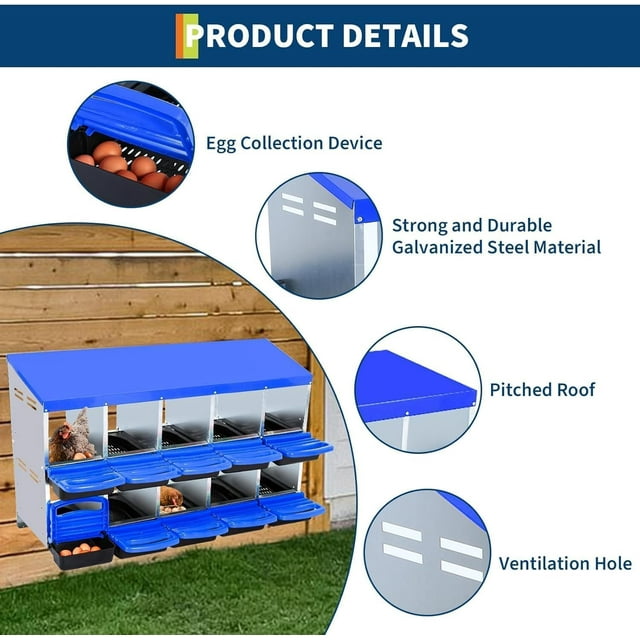 GloryStar Chicken Nesting Boxes for Chickens, 8/10 Hole Metal Roll Away Nest Box with Lid Cover for Chicken Coop, Easy Egg Collection and Egg Protection, Hen Roosting Boxes