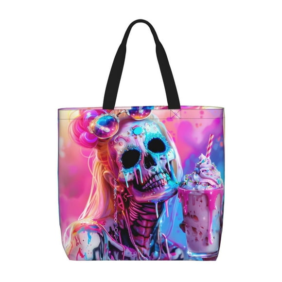 Fotbe Neon Skull With Milkshake Bolsa Tote con Estampado para Mujer, Bolsos con Cremallera, Bolsa de Hombro Casual de Gran Capacidad con Bolsillos Internos
