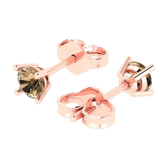 0.5 Ct Round Cut Studs Champagne Crystal 18K Rose Solid Gold Everyday Dainty Earrings Push Back