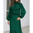 thumbnail image 4 of Women's Elegant Long Sleeve Satin Dress Mock Neck Elastic Waist Cocktail Party Wedding Guest Midi Dresses, 4 of 12