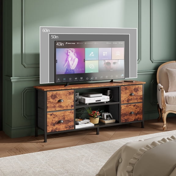 Tydimor Modern TV Stand for 55-60 inch TVs, Home Entertainment Center with 4 Drawers, Media Console with Storage for Living Room, Rustic Brown
