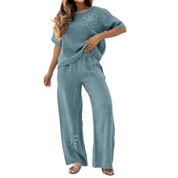 Ynynloco 2 Piece Cotton Linen Outfits for Women Casual Tracksuit Short Sleeve Tops And Wide Leg Long Pants Matching Lounge Sets