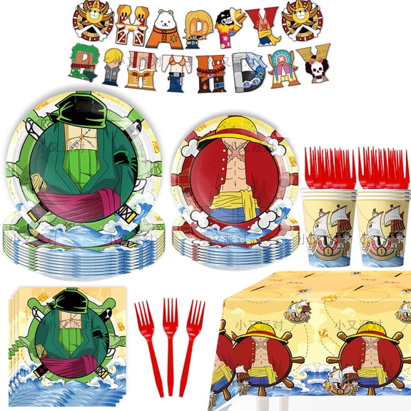 ONE PIECE Party Supplies Includes Plates, Cups, Napkins, Banner, Cutlery, Tablecloth