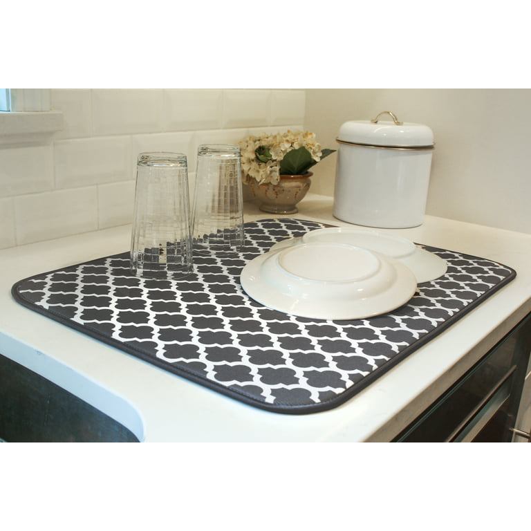 S&T Inc. Absorbent Reversible XL Microfiber Dish Drying Mat for Kitchen 18 inch x 24 inch Pewter Gray Trellis