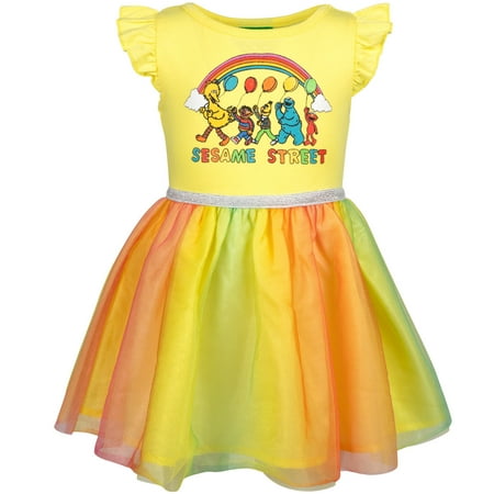 

Sesame Street Big Bird Bert and Ernie Elmo Cookie Monster Toddler Girls Short Sleeve Tulle Dress Yellow 5T