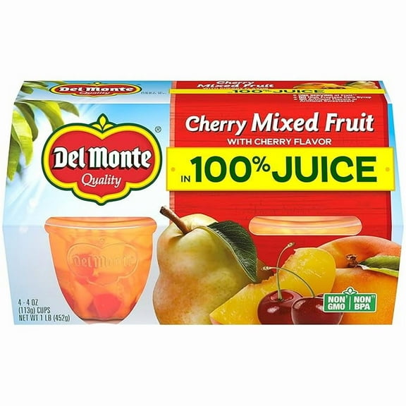 (1 pack) Del Monte Cherry Mixed Fruit In Juice, Cherry Flavor, 4 Oz, 4 Ct