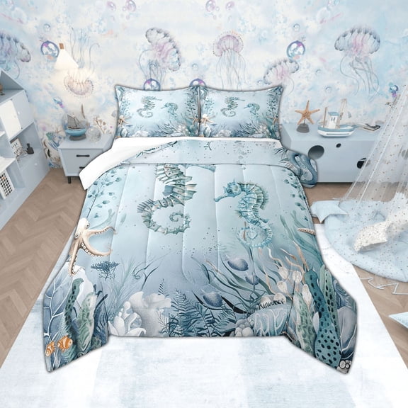 Seahorse Comforter Set Teal Blue Ocean Beach Coastal King Bedding Comforter Sets ,Starfish Octopus Tentacles Quilt Underwater Creature Coral Duvet Insert,Kawaii Fish Room Decor