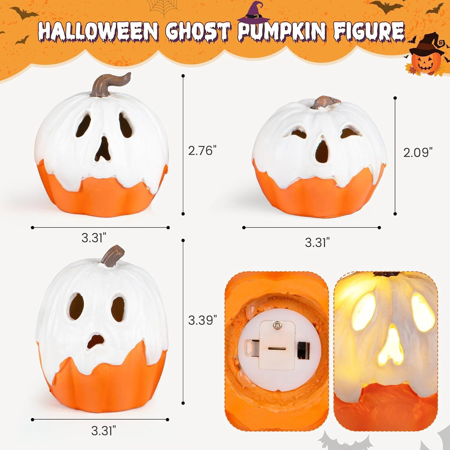 3 Pack Light Up Ghost Pumpkin Decorations with Warm Glow for Halloween