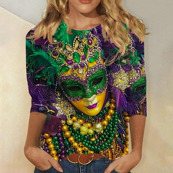 BLTIBY Mardi Gras Shirts for Women 3/4 Sleeve Mask Graphic Blouse Carnival Themed Tees Party 3D Print Pullover Tops Funny Gifts Parade Tshirt Multicolor XL