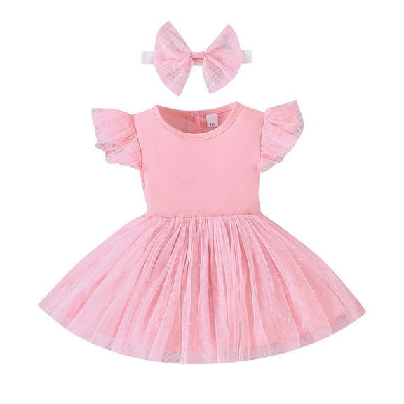 Girls Solid Color Mesh Fly Sleeve Tutu Dress Princess Dress Shiny Dress With Same Color Hairband Christmas Dresses for Toddler Girl