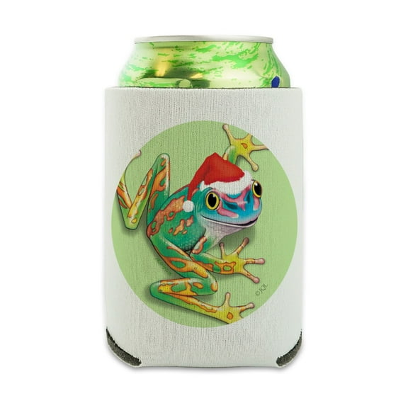 Santa Hat Rainforest Christmas Tree Frog Can Cooler - Drink Sleeve Hugger Collapsible Insulator - Beverage Insulated Holder