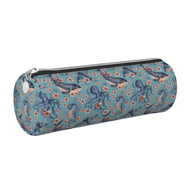 Disketp Underwater Animals and Flowers Estuche Organizador de Lápices de Cuero, Estuche de Oficina con Cremallera para Bolígrafo y Lápiz