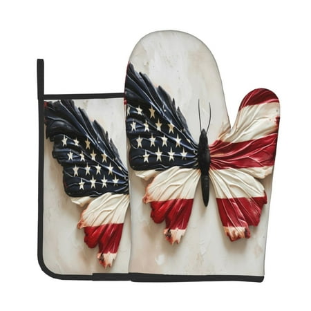 

KLL American Flag Butterfly Wall Pattern Oven Mitts and Pot Holders 2pcs Sets for Kitchen Oven Mitt Heat Resistant 536°F Oven Gloves for Kitchen Cooking and Baking