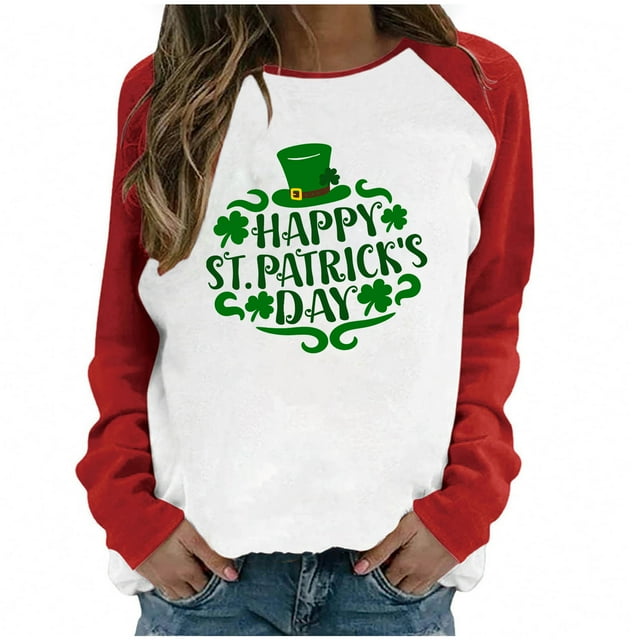 QIPOPIQ T-Shirts à Manches Longues à Col Rond pour Femmes T-Shirts de la Saint-Patrick T-Shirt Imprimé Trèfle de Printemps T-Shirt Vert Porte-Bonheur T-Shirts de la Saint-Patrick Tuniques Patchwork Hauts Chemises de Fête Aubaines