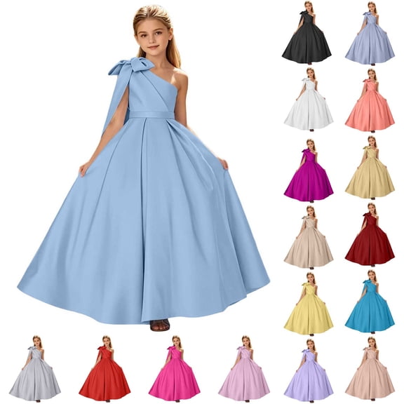 ITSAME Girls Formal Maxi Dress Bow One Shoulder Waist-Cinching Princess Pageant Wedding Party Ball Gown Light Blue Size 8