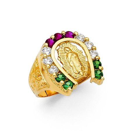 - 14K Yellow Solid Gold 20MM Cubic Zirconia CZ Colorful Horseshoe Virgin Mary Men's Ring - 11.5