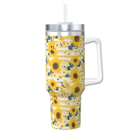 

Susaid Striped Sunflower Daisy Print Indoor Outdoor Straw Lid 40oz Ice Bully With Handle Stainless Steel Cup for Home Office and Car