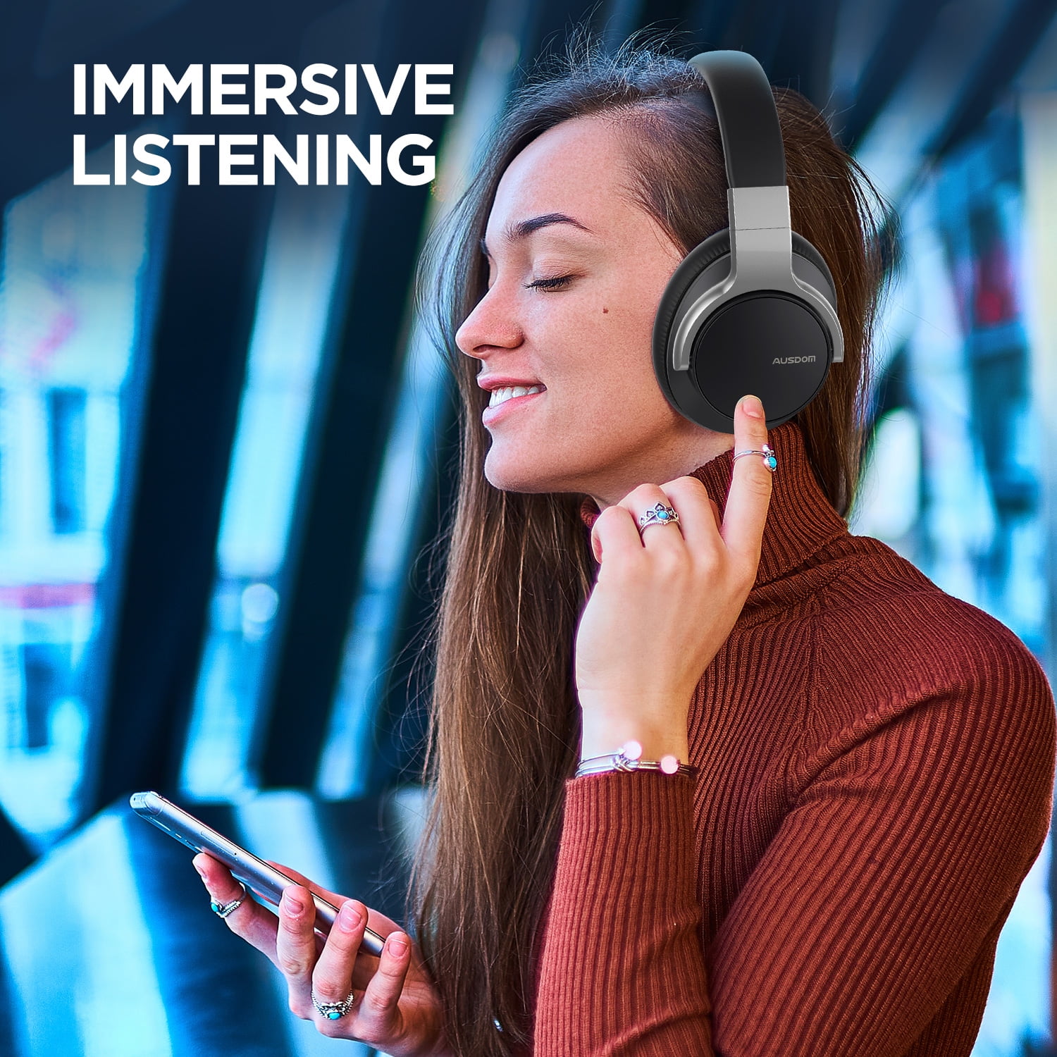 AUSDOM E7 Active Noise Cancelling Headphones, Wireless over Ear Bluetooth 5.0 Headsets with Mic, Black