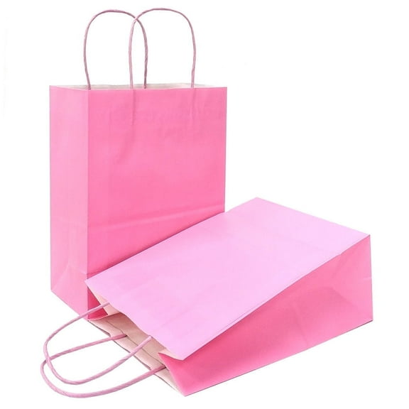 AZOWA Gift Bags Small Kraft Paper Bags with Handles (4.7 x 2.4 x 6 in, Pink Color, 50 Pcs)