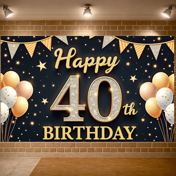 Gold Glitter 40th Birthday Banner Silver Sequins Happy 40th Display Star Pattern Golden Balloons 40th Celebration Backdrop for 40th Birthday Party Adult Celebration Milestone Event