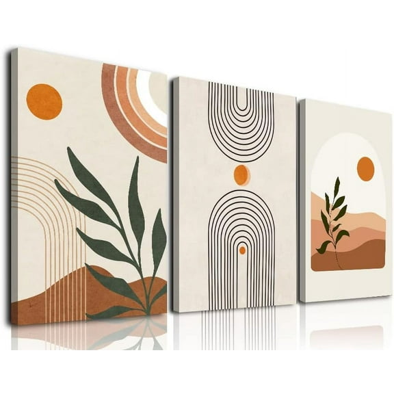 Boho Wall Art Sef of 3, Mid-Century Modern Prints, Neutral Geometric Boho Wall Decor Sun Moon Palm Leaf Beige Green Canvas Artwork, Minimalist Boho Poster Paintings for Bedroom Living Room (12" X 16")