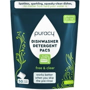 Puracy Dishwasher Detergent Pods, 50 Count, Natural Dishwasher Pods for Spotless and Residue-Free Dishes, Free & Clear Enzyme-Powered Automatic Dishwasher Pod, 2-in-1 Dishwasher Tabs