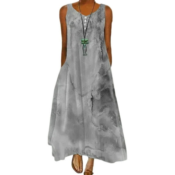 Avamo Ladies Summer Beach Sundress Sleeveless Long Dress V Neck Maxi Dresses Travel Comfy Gray 2XL