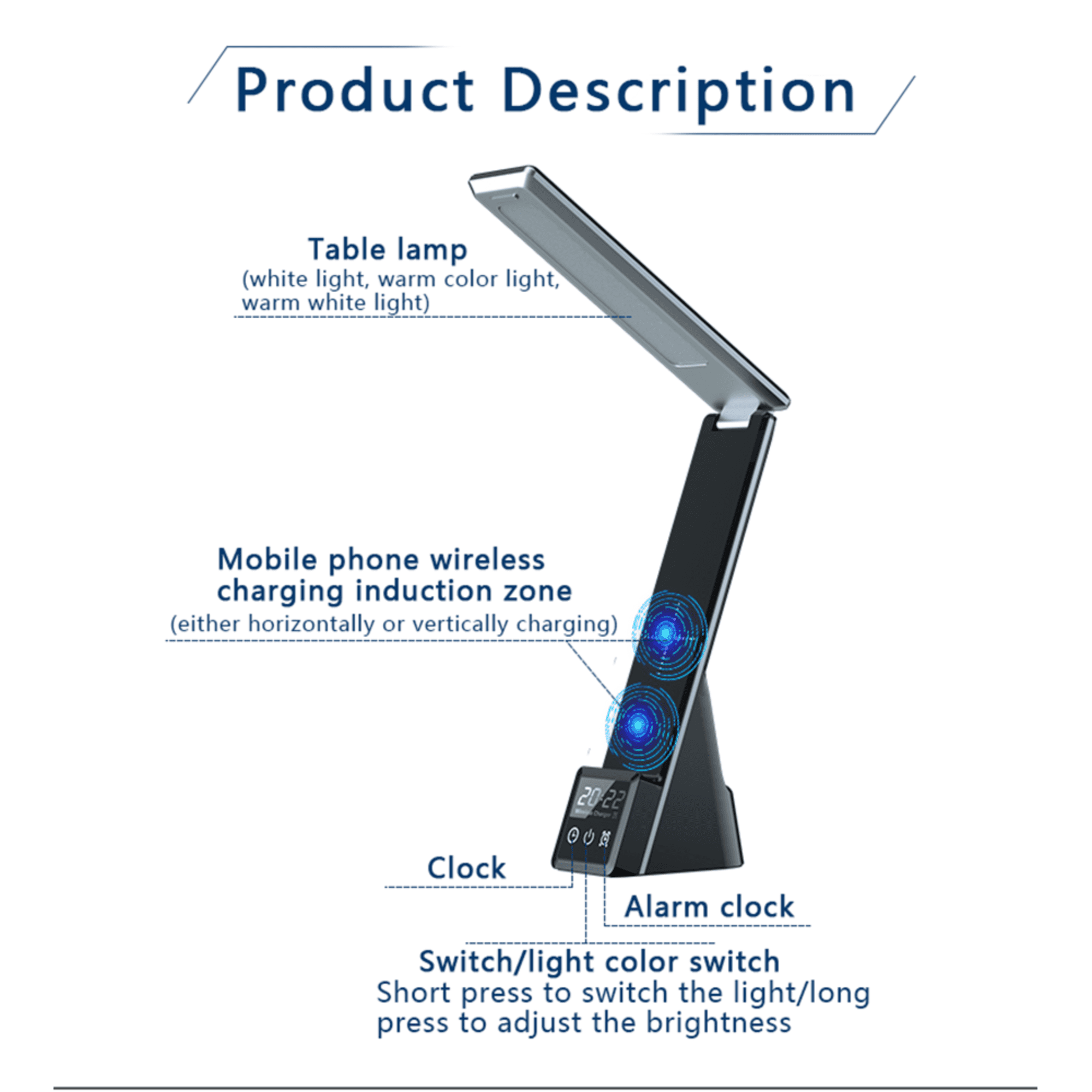 INSMART LED Desk Lamp with Wireless Charging,7-in-1 Touch Control Table Lamp,15W Fast Charging,Clock,Alarm,3 Modes,Dimmable Lights for Home Office,10.9In,Black