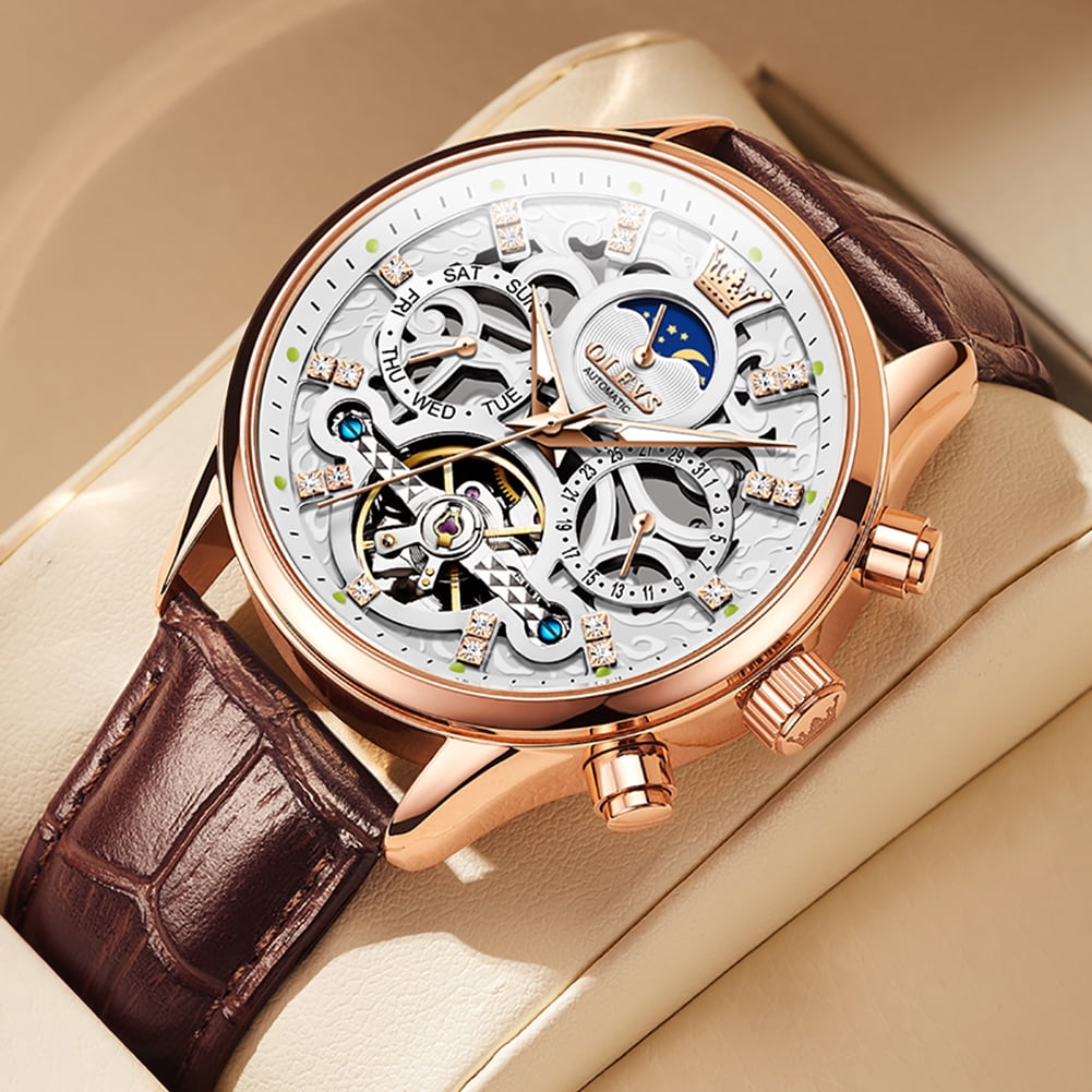 OLEVS Automatic Watches for Men Self Winding Mechanical Chronograph Skeleton Flywheel Luxury Dress Black Brown Leather Diamond Moon Phase Waterproof Luminous Mens Wrist Watches Reloj Para Hombre