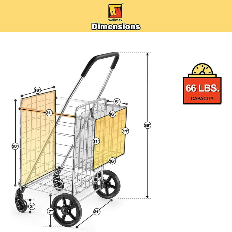 Wellmax Grocery Shopping Cart with Swivel Wheels, Foldable and Collaps
