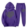 thumbnail image 2 of VBTAPA Womens Cute Sweatsuit 2 Piece Casual Sports Outfits Heart-Shaped Letter Print Hooded Sweatshirt and Jogger Sweatpants Set Teen Girls Y2K Tracksuit Purple XL, 2 of 4