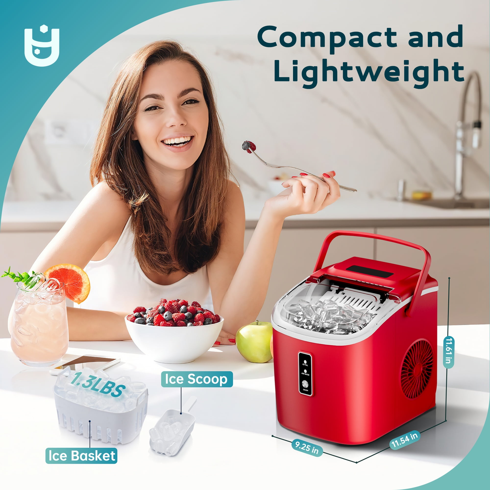 EUHOMY Countertop Ice Maker 26 lbs/Day Portable Self-Cleaning, 9 Bullet Ice in 6 Min, Red
