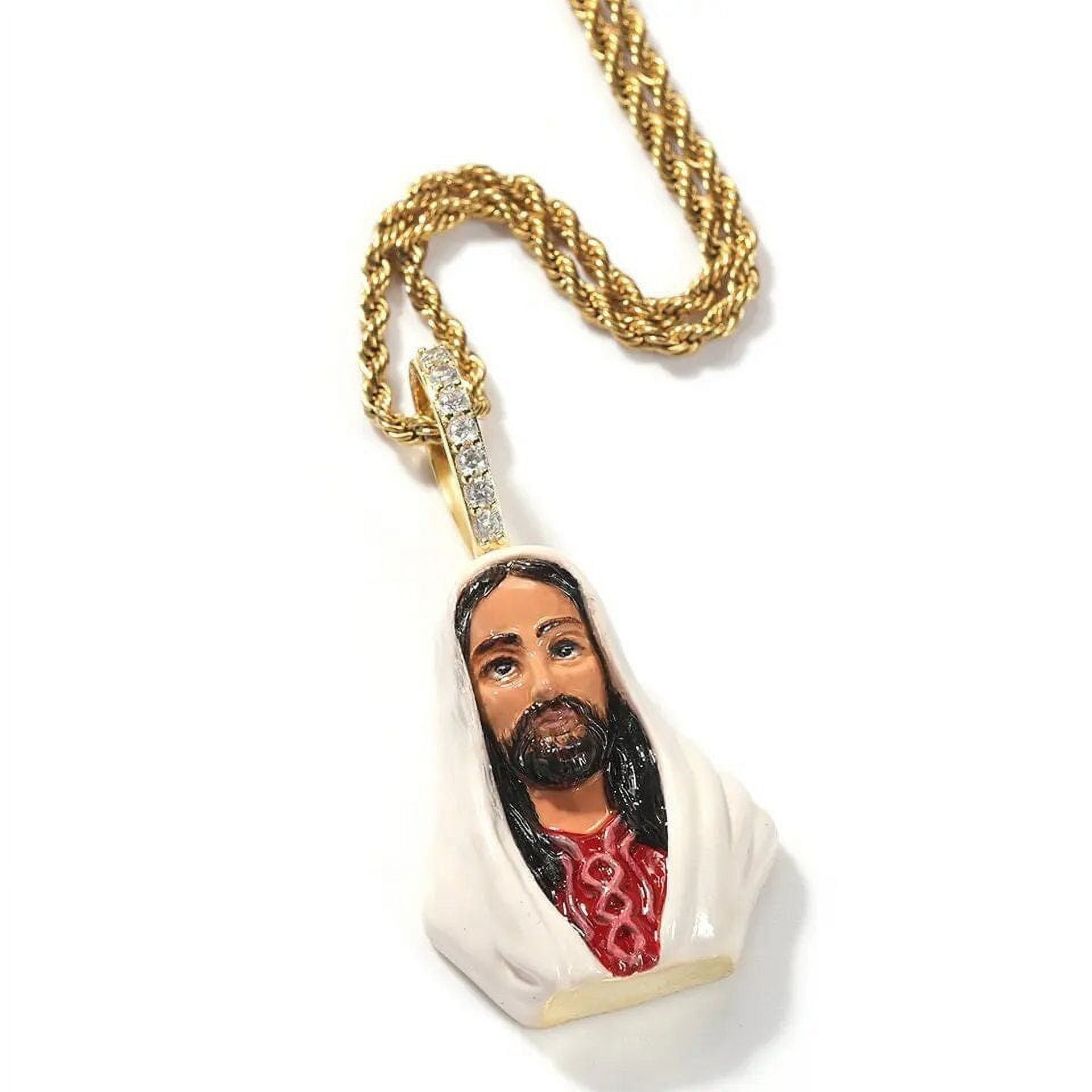 14K Gold Finish Simulated Diamond Custom 3D Jesus Christ Enamel Face Religious Charm Pendant Necklace, Birthday Gift, Christmas