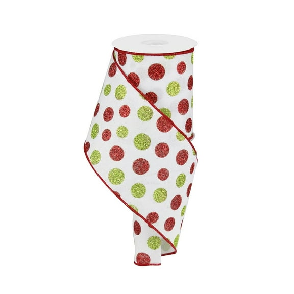 Glitter Dots Wired Christmas Ribbon - 4" x 10 Yards, White Ribbon, Red & Green Glitter, Polka Dots, Wreath, Winter Holiday, Garland, Gift Basket, Gift Wrapping, Bows