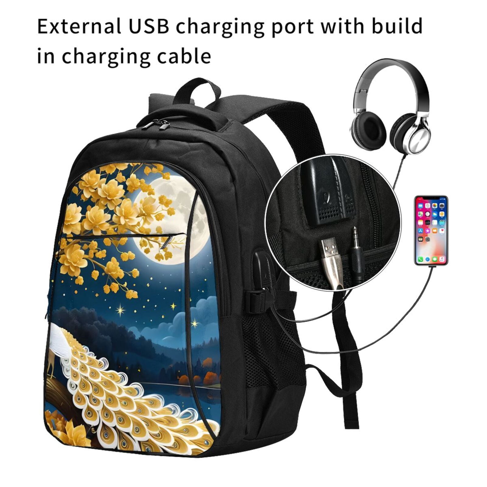 Vsdgher Moonlit Golden Tree Peacock Print Travel Laptop Backpack, Laptops Backpack with USB Charging Port, Water Resistant Computer Bag Gift for Men & Women