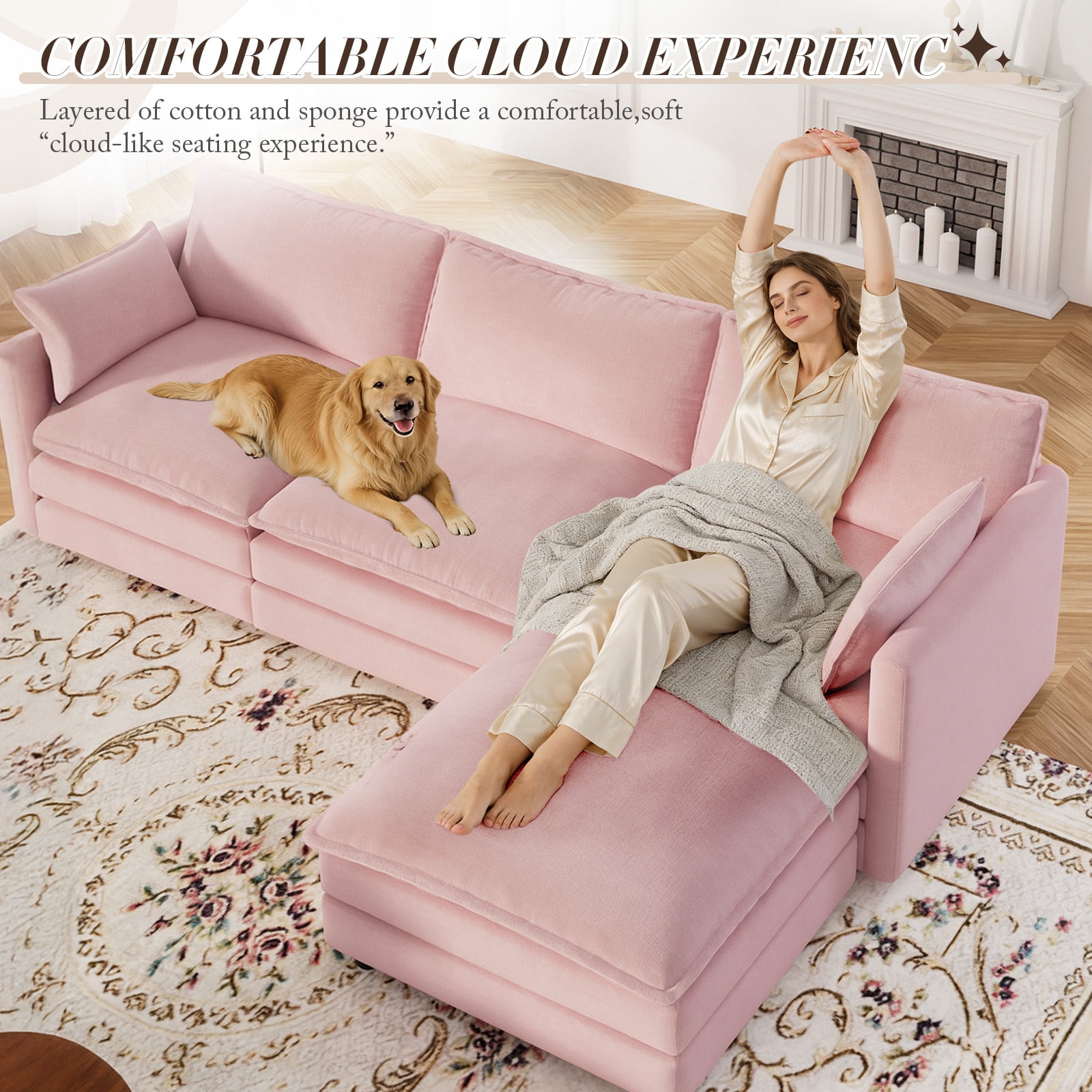 Muumblus Sectional Cloud Couch with Reversible Ottoman, L-Shaped Chenille Sofa for Living Room, Pink