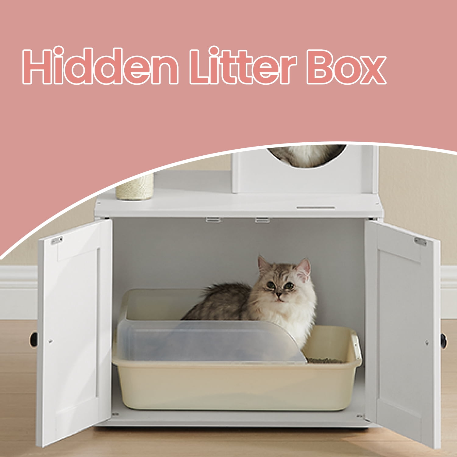 LEDREM 55.1" 2-in-1 Modern Cat Tree & Litter Box Enclosure, Multi-Level Cat Condo with Scratching Posts, Hidden Storage, Cloud White