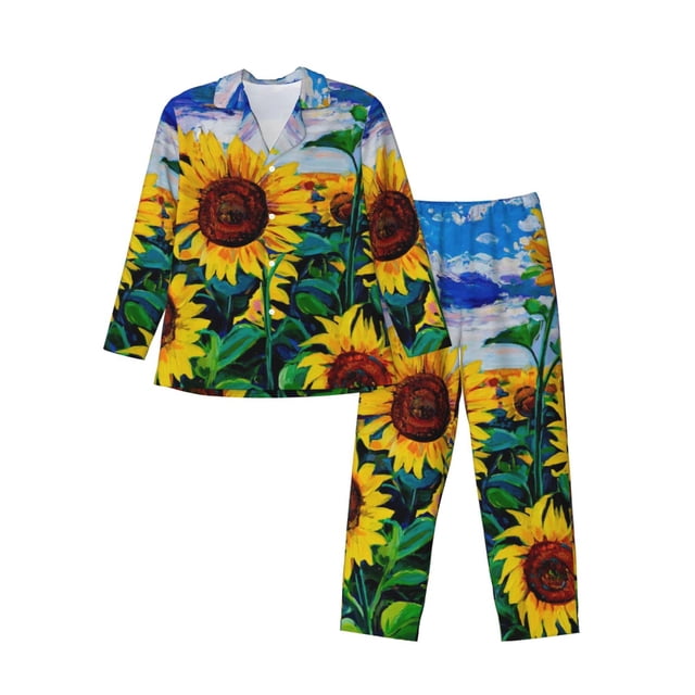 Balery Landscape With Sunflowers Pijama para Hombre de Dos Piezas con Manga Larga, Conjunto de Dormir y Descanso Suave con Bolsillos-XX-Large