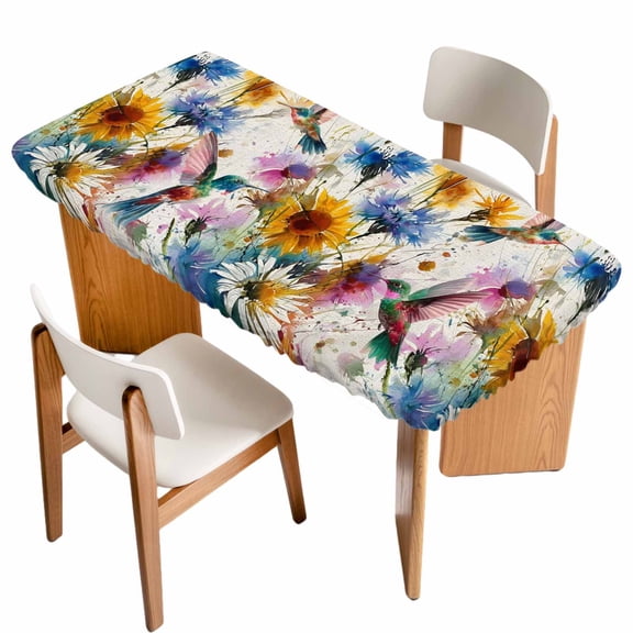 Hummingbird Table Cloths for 4 Foot Rectangle Tables, Spring Vintage Oil Painting Sunflowers Beige Patio Waterproof Elastic Fitted Tablecloths, Washable Rectangular Table Cover for Camping