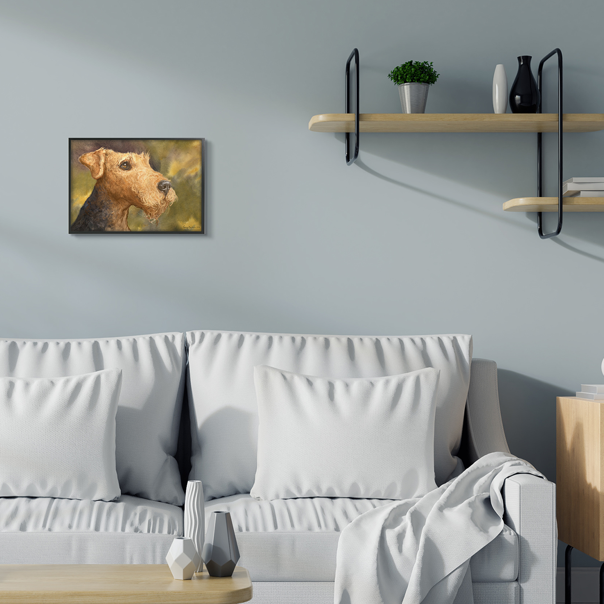 Stupell Industries Airedale Terrier Dog Watercolor Pet Portrait Green Brown Animals & Insects Painting Black Framed Art Print Wall Art, 11 x 14