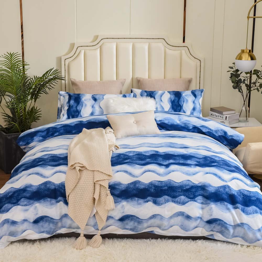 Blue and White Striped Watercolor Pattern Printed Bedding Duvet Cover Set Twin,Hypoallergenic
