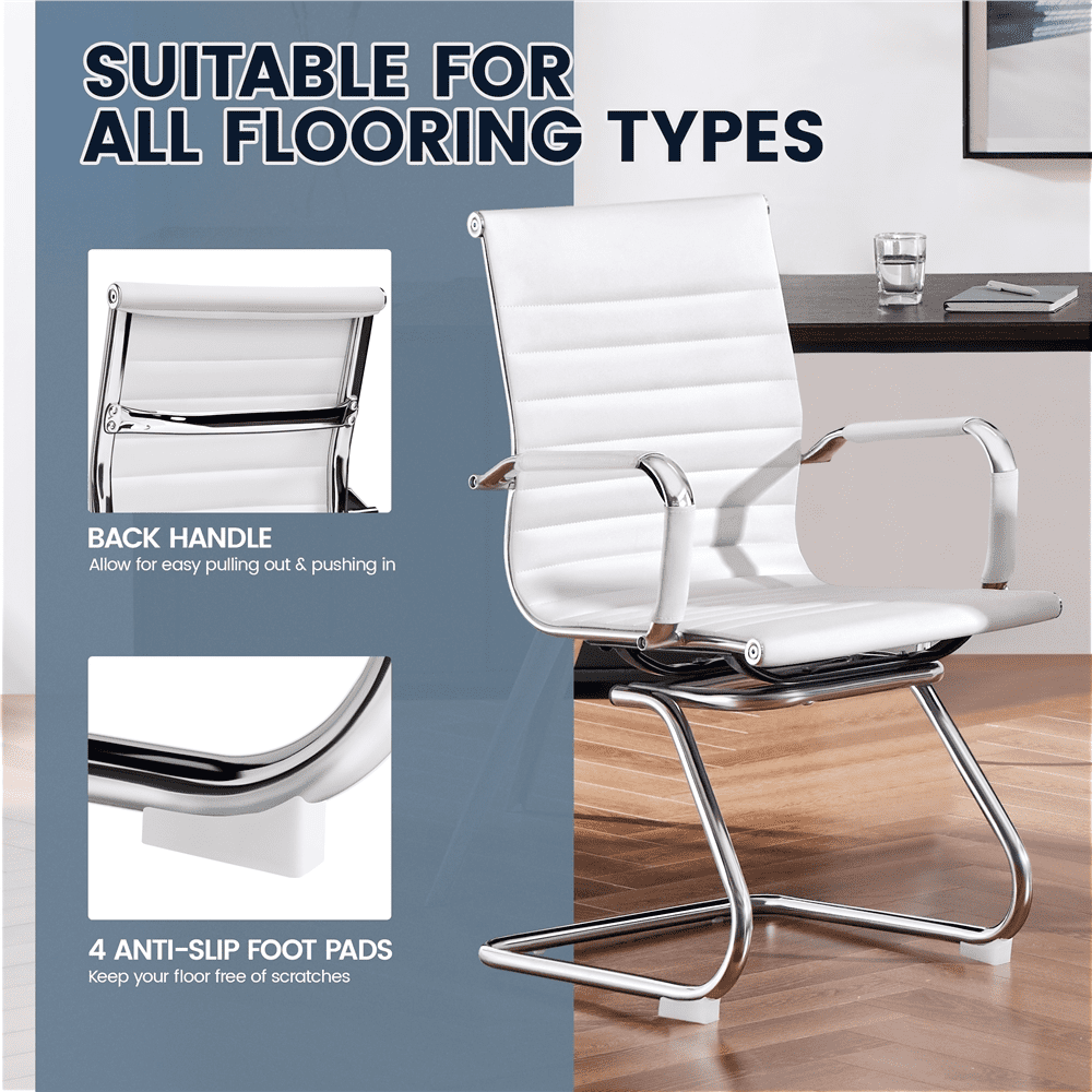 Alden Design 2pcs Mid-back Ergonomic Office Reception Chair with Sled Metal Base, White