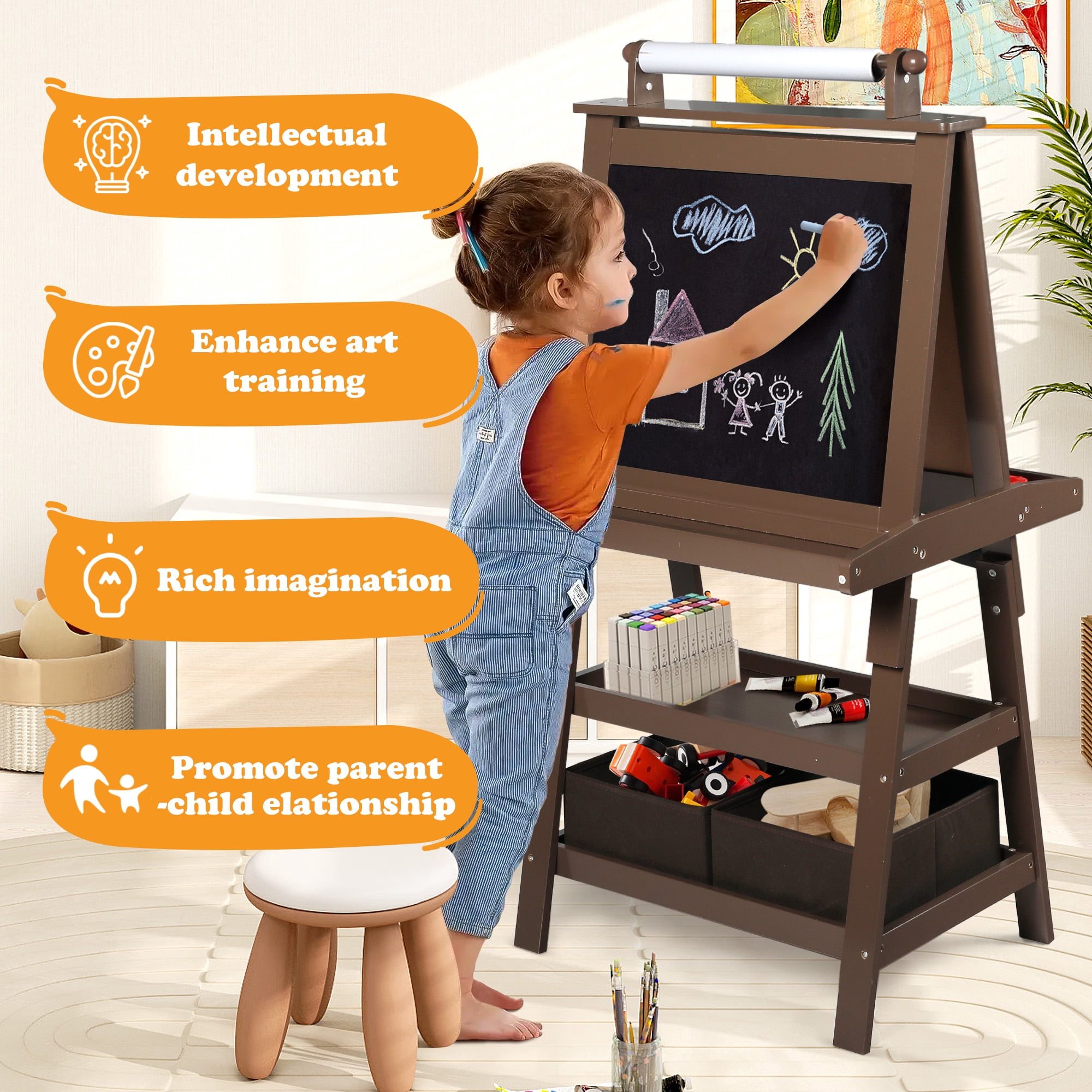 AILEEKISS 3 in 1 Kids Art Easel Double-Sided Magnetic Whiteboard Chalkboard with Paper Roller, Coffee