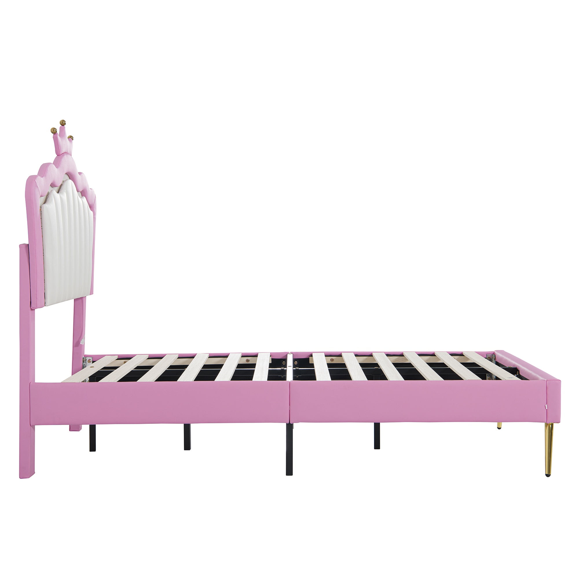 Bellemave Twin Size Upholstered LED Bed Frame, Princess Platform Bed with Crown Headboard, Pink Cute Girls Full Beds with Wooden Slats Support, No Box Spring Needed-Pink