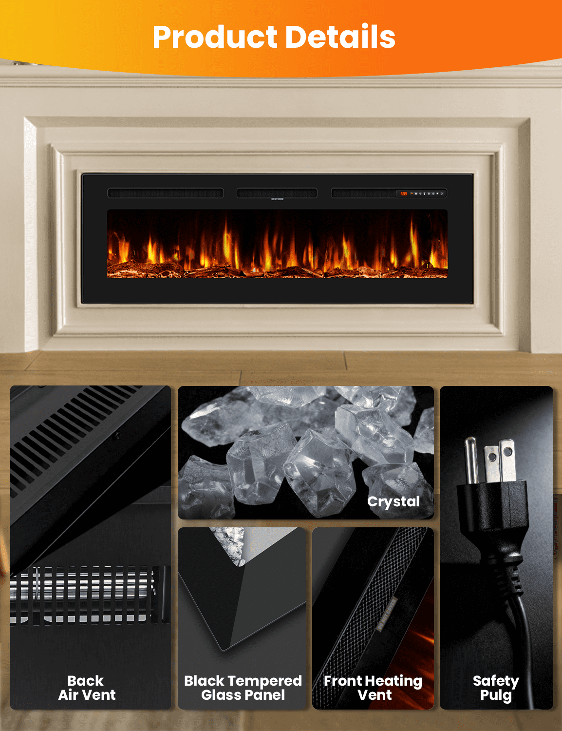 Patiosunny 50" WiFi Electric Fireplace, Freestanding/Inserts/Wall Mounted Fireplace Heater, 12 Flame Colours, with WiFi Remote Control&Smart App, 12H Timer, for Living Rooms and Bedrooms